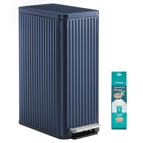SONGMICS Trash Can, 13 Gallon (50 L) Slim, Stainless Steel, with Lid, Pedal - color: Midnight Blue, size: 13 Gallon (Slim)