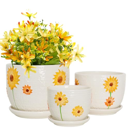 Hlukana Ceramic Plant Pots Set of 3, 6.75/5.6/4.2 inch Planters with Drainage Holes and Saucer, Flower Pots Outdoor Indoor, Modern Decorative Planters for House Plants Garden Planters Succulent Pots - color: Sunflower