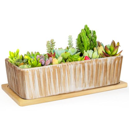 Succulent Pots, 12'' Long Rectangle Planters with Tray, Windowsill Planter - color: Wooden Pattern