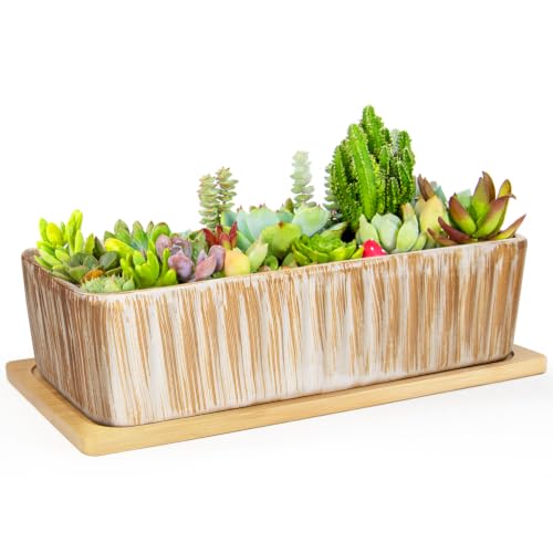 Succulent Pots, 12'' Long Rectangle Planters with Tray, Windowsill Planter - color: Wooden Pattern