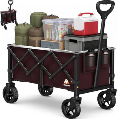 Collapsible Wagon Cart with Wheels & Reflective Stripe 280lbs Heavy Duty - color: Wine Red, size: Medium