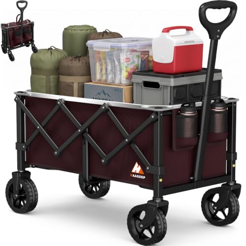 Collapsible Wagon Cart with Wheels & Reflective Stripe 280lbs Heavy Duty - color: Wine Red, size: Medium