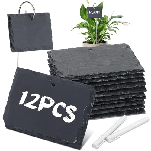 Colingmill 12 Sets Plant Labels Slate Plant Tags Garden Sign Marker Weatherproof Reusable Natural Slate Garden Sign Hanging Tag with Metal Stake and Pen for Outdoor Flower Vegetable(Rectangle) - style: Rectangle