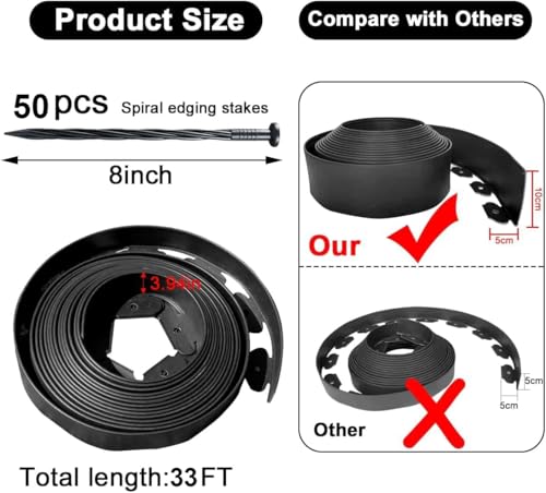 Landscape Edging 33FT,Garden Edging Borders [Extra Tall 4IN High] Flexible Lawn Edging Kit with Total 50pcs Stakes,Plastic Fence Edge DIY for Yard,Tree,Flowerbeds,Landscaping,Grass -Black - color: Black, size: 4IN x 33 FT