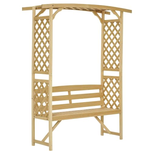 Outsunny Patio Garden Bench Arbor Arch with Pergola, 2 Trellises, Natural