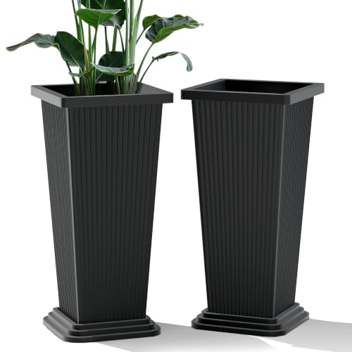 24" Set of 2 Tall Planters for Outdoor Plants, Black Striped - color: Stripe Black