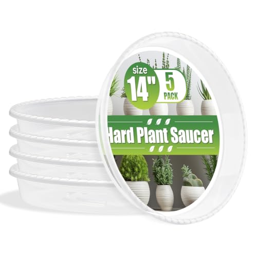 RooTrimmer 5 Pack 14 Inch Clear Plant Saucers for Pots,Heavy Duty Thick Plastic Plant Trays,Sturdy Water Catch Drip Trays for Indoor & Outdoor Plants - size: 14 inch