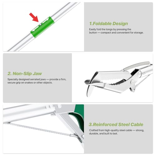 50" Foldable Grabber Reacher Tool with Green Handle, Extra Long Lightweight Trash Pickup & Litter Picker, 3-Fold Stainless-Steel Reaching Aid for Home, Office & Garden Use
