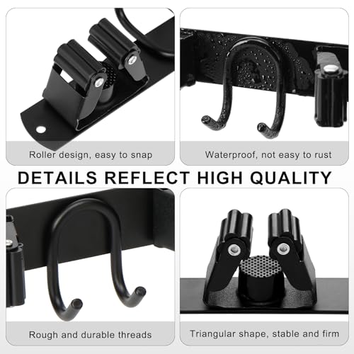 Broom Holder Wall Mount, Stainless Steel Mop Hanger with 4 Slots 6 Hooks, Tool Storage Wall Organizer for Kitchen Garden Garage Laundry Room Bathroom and RV, Black 1-Pack - color: Black-1 Pack
