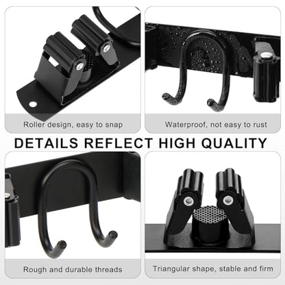 Broom Holder Wall Mount, Stainless Steel Mop Hanger with 4 Slots 6 Hooks, Tool Storage Wall Organizer for Kitchen Garden Garage Laundry Room Bathroom and RV, Black 1-Pack - color: Black-1 Pack
