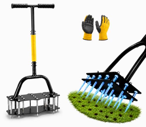 Manual Lawn Aerator Tool – Pre-Assembled 16-Spike Yard Aerator with Ergonomic T-Handle, Double-Spring Auto Dirt Clean, Heavy Duty Steel Grass & Soil Aerator for Lawn Aeration
