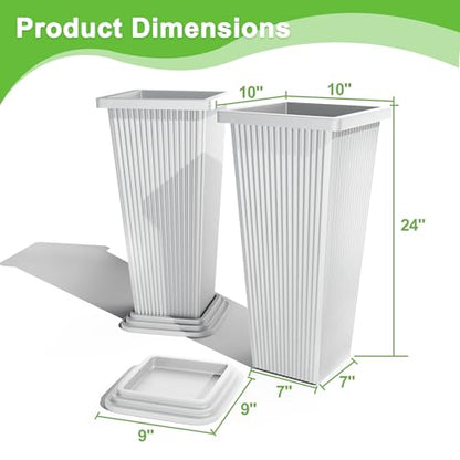 FENCY Set of 2 Tall Planters for Outdoor Plants, White Ribbed - color: White-square Ribbed