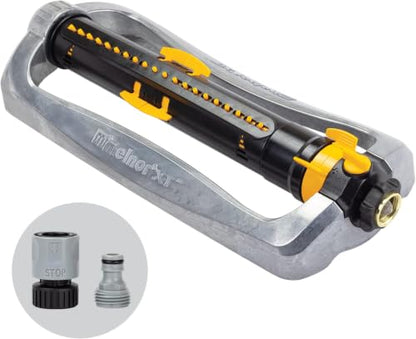 Melnor 65154AMZ XT Turbo Oscillating Sprinkler,Metal Base,4,500 sq. ft.,Quick Connect Bundle,3-Way Adjustable,Black,Yellow,(Pack of 12) - size: 3-Way Adjustable, style: Metal Base (Pack of 12)