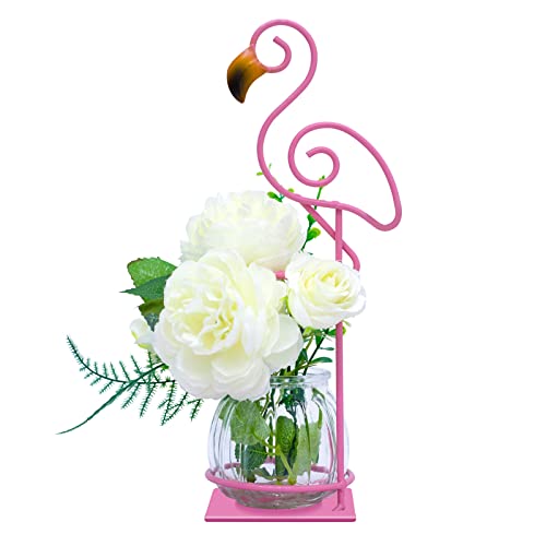 Tabletop Pink Flamingo Planter Propagation Station, Glass Vase Metal Stand - color: Pink Flamingo