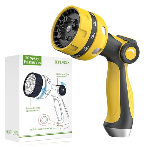 Garden Hose Nozzle, Heavy Duty Water Hose High Pressure Sprayer with 10 Watering Patterns, Thumb Control On Off Valve, for Watering outdoor Plants & Lawn, Car & Pet Washing（Yellow） - color: Yellow