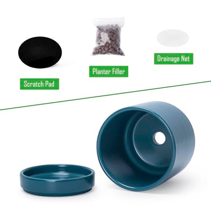 D'vine Dev 2-Pack Ceramic Pots with Saucers, Teal, 4.7 in, 94-V-B-9 - color: Teal, size: 4.7 Inch