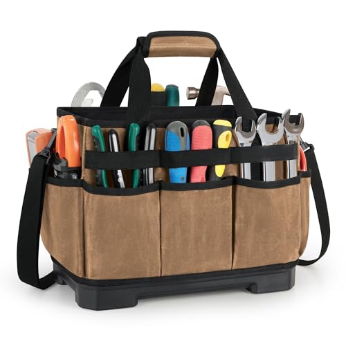 Marscamd Waxed Canvas Tool Bag with Hard Bottom and 8 Pockets - color: Khaki