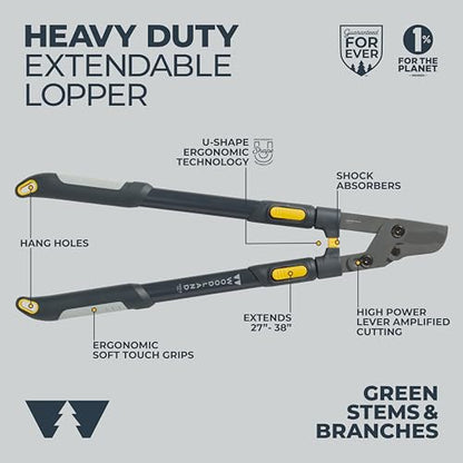 Woodland Tools Heavy Duty Extendable Lopper – 25 to 37 Inch Telescoping Branch Cutter with Lever-Action Bypass Blade – Manual Tree Limb Cutter for Thick Branches and Overhead Trimming - style: Heavy Duty Extendable Lopper
