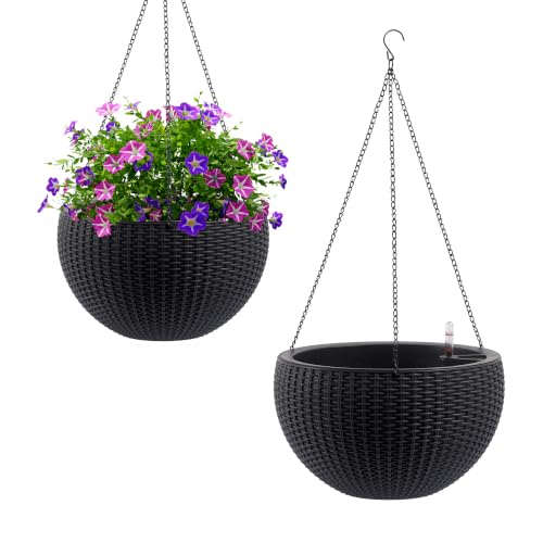 2 Pack 13.5” Self-Watering Hanging Baskets for Plants Outdoor, Self-Watering Pots for Indoor Plants, Black - color: Black