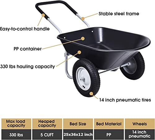2-Wheeled Garden Wheelbarrow, Heavy Duty Garden Cart, Easy Loading and Dumping Utility Wagon for Outdoor Lawn Yard Farm Ranch, Black - color: Black