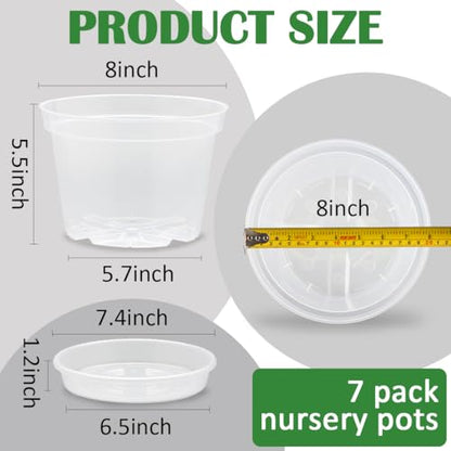 7 Pack 8 Inch Clear Nursery Pots with Saucer, Transparent Plastic Plant Pot with Drainage Holes, Sturdy Plant Starter Pots, Planter Pot for Planting Succulent Flower Herb Vegetable, Gardening Gifts - size: 8 Inch-7P