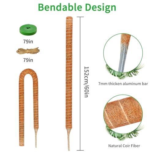 2 Pack 60'' Moss Pole for Monstera, Bendable Coco Coir Plant Support Stakes - size: 2 Pack ( 60-Inch)