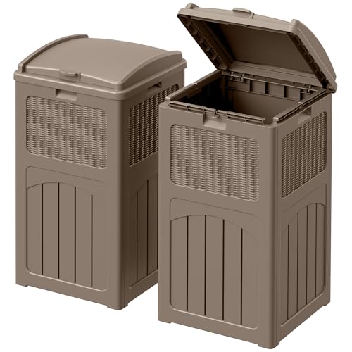 Devoko 33 Gallon Outdoor Trash Can with Dual Lid, Hideaway Garbage Bins,2Pc - color: Brown, size: 2 Pack