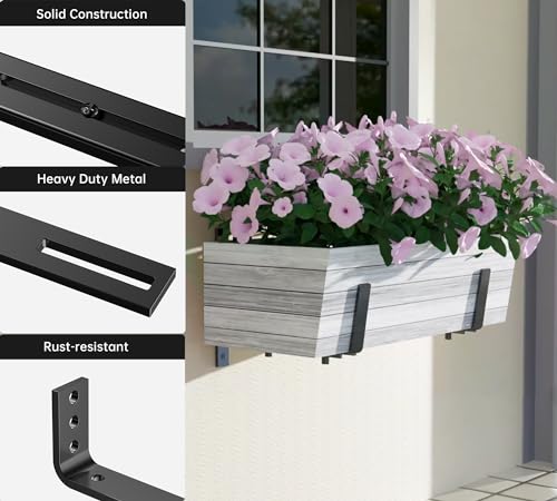 Y&M Adjustable Window Box Brackets 6 Pack, Wall Mount Planter Box Brackets - size: Set of 6- Black