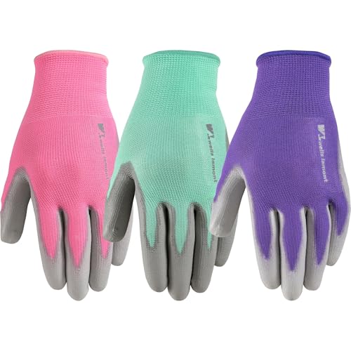 Wells Lamont Gardening Gloves for Women – Breathable Polyester, Seamless Fit – PU-Coated Palm for Grip & Durability - color: Pink/Green/Purple, size: Small (Pack of 3)