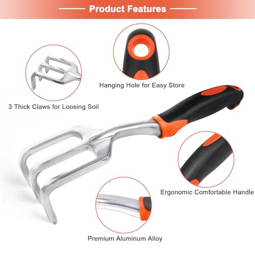 Hand Rake Garden Tool, Heavy Duty Hand Cultivators for Gardening + Garden Tools Set, 8 Piece Gardening Tools Set