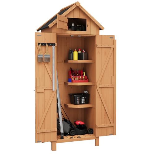 Outdoor Storage Cabinet with Shelves, Waterproof Wooden Storage Shed with Lockable Door, Space Saving Vertical Garden Tool Cabinet for Patio, Yard, Balcony, 69.7 x 28.3 x 21.3 in, Natural