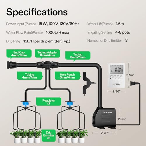 VIVOSUN Professional Automatic Drip Irrigation Kits, 15W Output, All in One Professional Grow Kit- Includes Pump, Timer and Regulator, 8 Drip Emitters Garden Plant Watering System Indoor Outdoor - style: Automatic Drip Irrigation