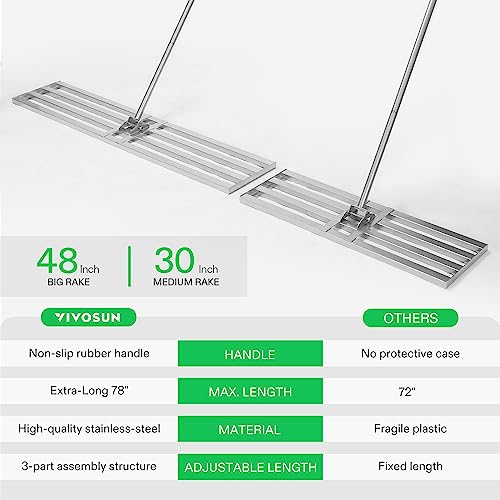 VIVOSUN 48" Lawn Leveling Rake, 48" x 10" x 78" Heavy-Duty Stainless Steel Lawn Leveler with 7FT Adjuatble Long Handle for High Effect, Metal Levelawn for Smooth Soil, Rustproof Rakes for Garden Yard - style: 48" x 10" Leveling Rake