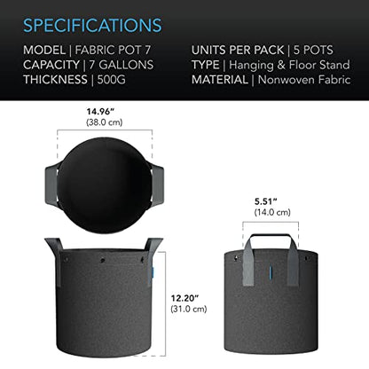 AC Infinity Heavy-Duty 500G Fabric Pots, 7 Gallon Grow Bags 5-Pack - size: 7 Gallon