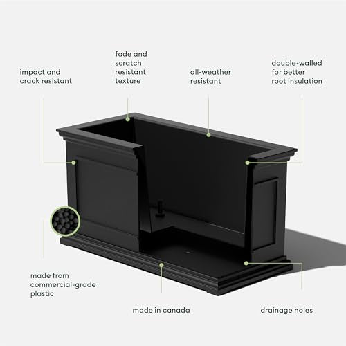 Veradek Brixton Series Large Plastic Planter - Black, Outdoor Patio/Balcony, All-Weather Resistant, Dimensions: 17.5"H x 16"W x 32"L, Classic Estate Design for Flowers, Trees, Shrubs - color: Black