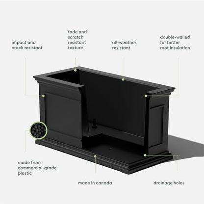 Veradek Brixton Series Large Plastic Planter - Black, Outdoor Patio/Balcony, All-Weather Resistant, Dimensions: 17.5"H x 16"W x 32"L, Classic Estate Design for Flowers, Trees, Shrubs - color: Black