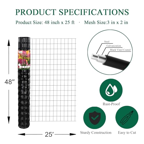 Black PVC Coated Welded Wire Fence 48" x 25' Roll, 2"x3" Mesh, 16 Gauge - color: Black, size: 2''x3'' 16GA 48''x25'