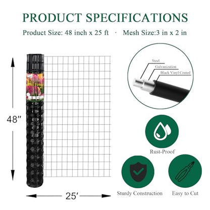 Black PVC Coated Welded Wire Fence 48" x 25' Roll, 2"x3" Mesh, 16 Gauge - color: Black, size: 2''x3'' 16GA 48''x25'