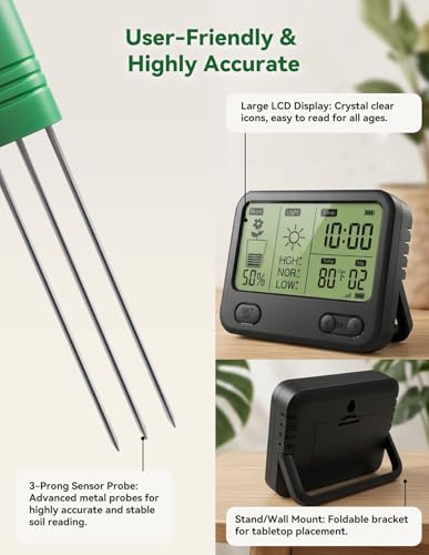Nexuslab Wireless Soil Moisture Meter with LCD Receiver – 3‑Probe 3‑in‑1 Sensor (Moisture, Temperature, Light), 230 ft RF Range, Waterproof, Long Battery Life for Indoor/Outdoor Plants and Gardens - size: Main Unit + 4 Sensors