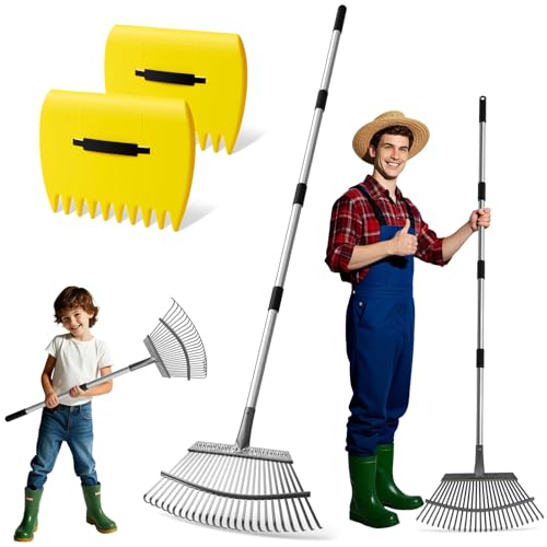 2-in-1 Leaf Rake Set with Leaf Scoops, 25-Tine Garden Rake and Grabber for Leaf Cleanup & Picker Up, Adjustable Long Handle, Wide Metal Head for Garden‌, Yard, Soil, Weeds‌, Grass, Camping