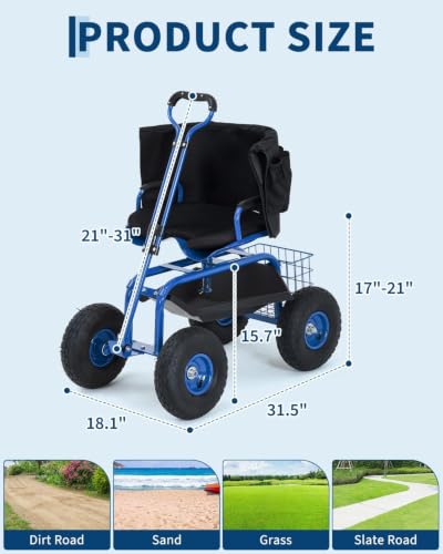 Garvee Heavy Duty Garden Cart, Garden Scooter Rolling Workseat - color: Blue With Backrest