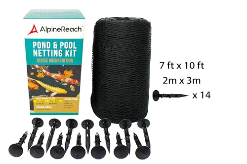 AlpineReach Koi Pond Netting Kit 7 x 10 ft Black Heavy Duty Woven Fine Mesh Net Cover for Leaves - Protects Koi Fish from Blue Heron Birds, Cats & Predators – Reusable & Stakes Included - color: Black, size: 7x10ft (Stakes Included)