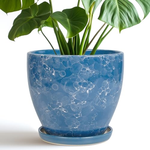 8 Inch Plant Pot - Ceraimc Planter for Indoor Outdoor Plants, Round Flower Pot with Drainage and Saucer, Decorative Planter, Porch Room Office House Decor, Gardening Gifts for Women, Blue - color: Sky Blue, size: 8 Inch