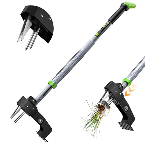 GASREKV Weed Puller Tool, 4-Claw Steel Head Stand Up Weeder, 39"-46" Adjustable Handle & Easy Eject, Root Weed Remover for Dandelion, Thistle & Crabgrass, No Bending - color: L-GREEN