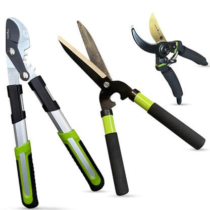 GARDEN GURU Hedge Shears Bypass Loppers Pruning Shears 3 Pc Set - Heavy Duty Comfort Grip Handles - Sharp Blades for Easy & Clean Cuts - Perfect Trimming Tool Kit - size: 1 Pack, style: Yard Kit