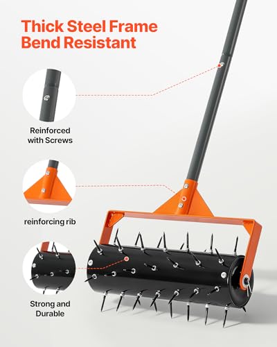 VEVOR Rolling Lawn Aerator, 15 in Manual Push Aerator Roller with 42 Spikes & 60 in Long Handle, Fillable Drum for Added Weight, Heavy-Duty Lawn Soil Penetrator for Garden Yard Compacted Soils - size: 15-inch, style: Rolling