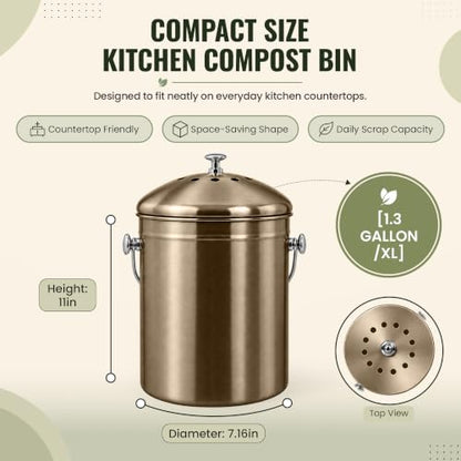 Epica Kitchen Compost Bin for Kitchen Countertops, 1.3 Galllon - Bronze - color: Bronze