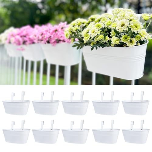 LaLaGreen Rail Planter (9.8 in, 10 Pack) White Metal Porch Fence Pots - size: 9.8" (25 cm) x 10 Pack
