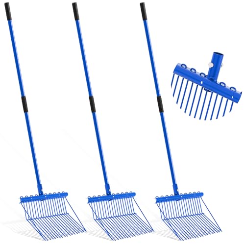 Lasnten 3 Sets Manure Fork with Long Handle, All Metal Head & Handle, 20 Fine Tines Pitch Fork Manure Rake Heavy Duty Dustproof Muck Rake for Gardening Horse Stable Grass Hay Cleaning Farm Work(Blue) - color: Blue