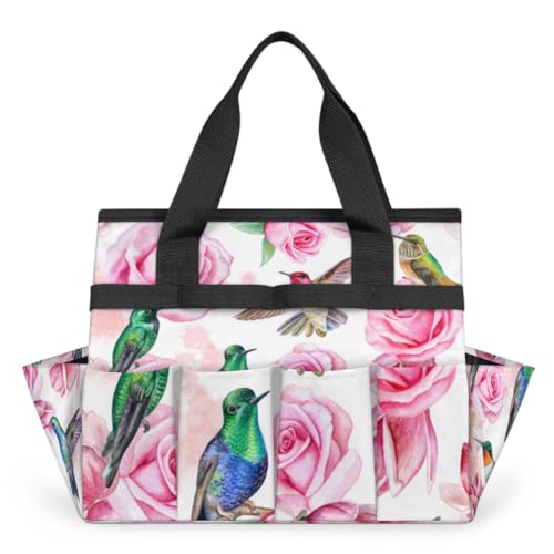 Hummingbird Flower Rose Garden Tool Bag Waterproof Gardening Tool Storage Bag with Handle & 10 Pockets Gardening Tote Bag for Women Garden Tool Organizer - color: Hummingbird Flower Rose